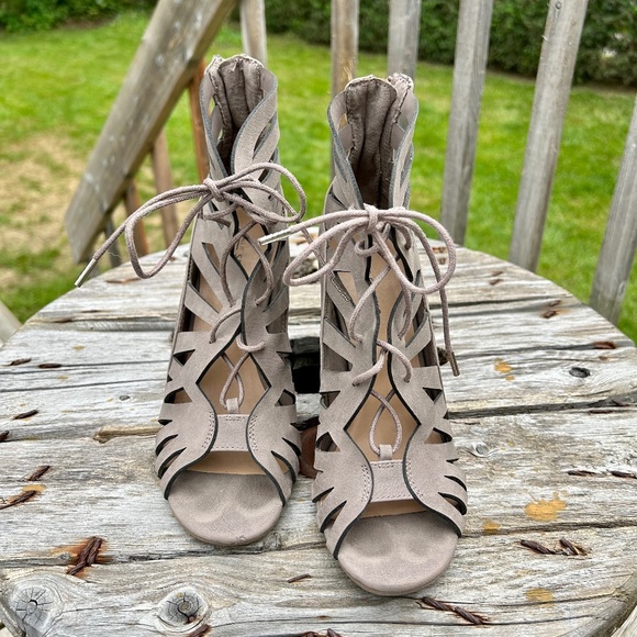 Call It Spring Taupe Cutout Heels - Picture 2 of 7